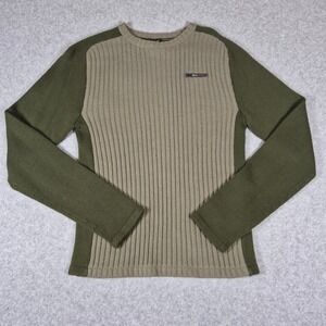 Helly Hansen Ribbed Knit Sweater Mens Small Green Tan Colorblock FK 86576 Z